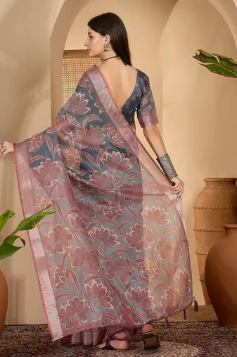 Elegant linen silver zari dark grey-pink floral digital printed with designer belt festive saree