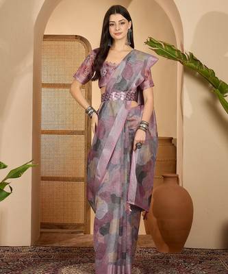 Trendy linen silver zari multi-color abstract digital print saree with belt party wear saree 1