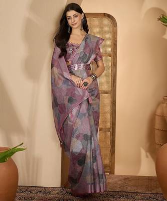 Trendy linen silver zari multi-color abstract digital print saree with belt party wear saree 3