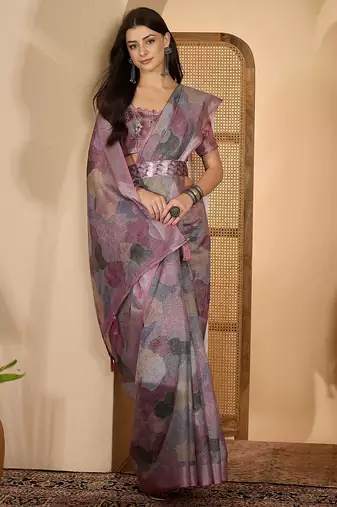 Trendy linen silver zari multi-color abstract digital print saree with belt party wear saree