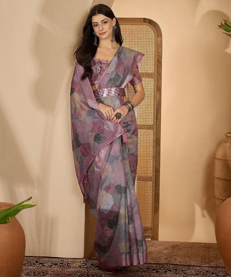 Trendy linen silver zari multi-color abstract digital print saree with belt party wear saree