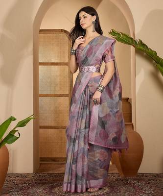 Trendy linen silver zari multi-color abstract digital print saree with belt party wear saree 4