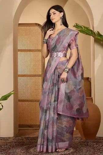 Trendy linen silver zari multi-color abstract digital print saree with belt party wear saree