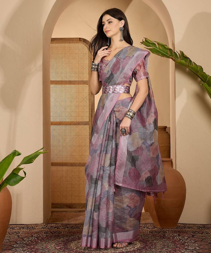 Trendy linen silver zari multi-color abstract digital print saree with belt party wear saree