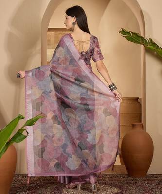 Trendy linen silver zari multi-color abstract digital print saree with belt party wear saree 5