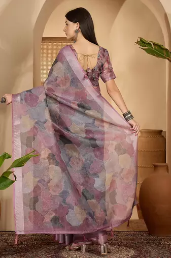 Trendy linen silver zari multi-color abstract digital print saree with belt party wear saree
