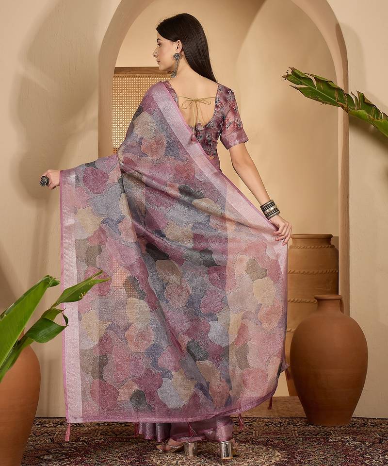 Trendy linen silver zari multi-color abstract digital print saree with belt party wear saree