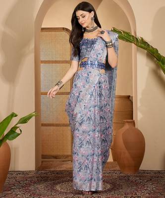 Elegant linen silver zari blue floral digital print saree with belt & tassel detail party wear 1