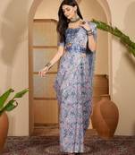 Elegant linen silver zari blue floral digital print saree with belt & tassel detail party wear