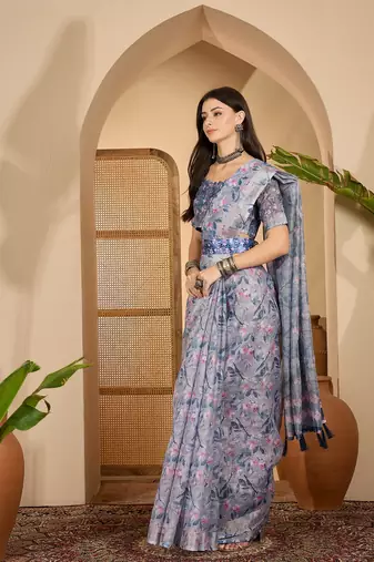 Elegant linen silver zari blue floral digital print saree with belt & tassel detail party wear