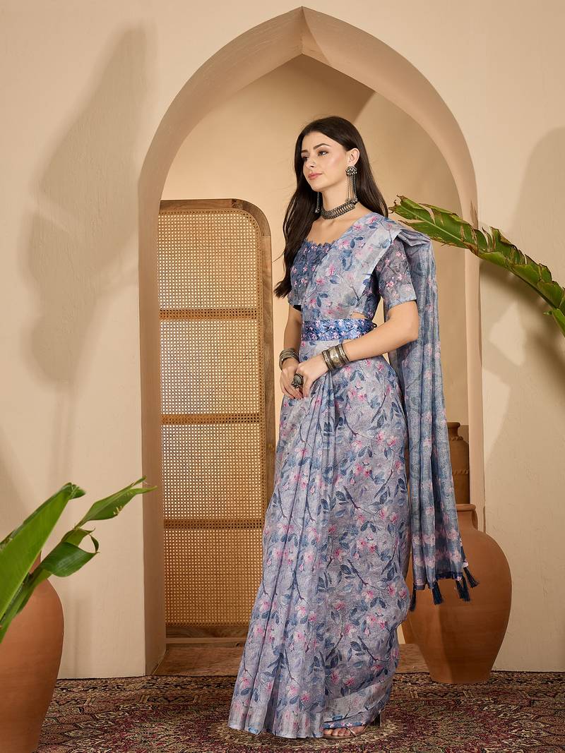 Elegant linen silver zari blue floral digital print saree with belt & tassel detail party wear