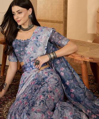 Elegant linen silver zari blue floral digital print saree with belt & tassel detail party wear 3