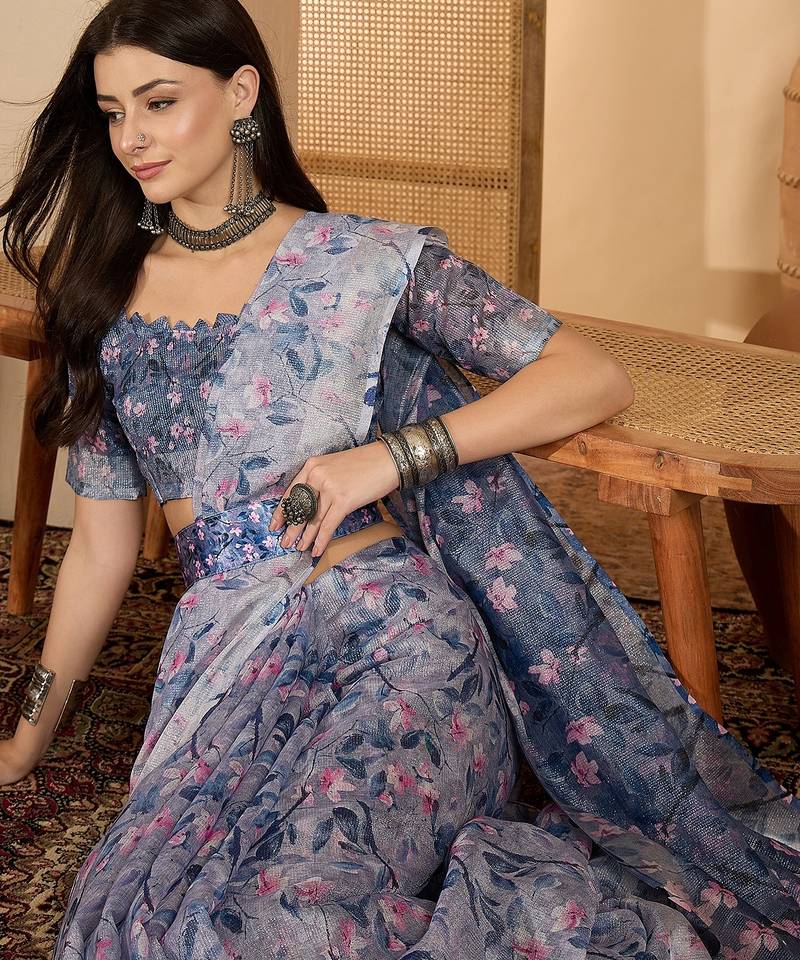 Elegant linen silver zari blue floral digital print saree with belt & tassel detail party wear