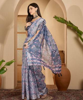 Elegant linen silver zari blue floral digital print saree with belt & tassel detail party wear 4