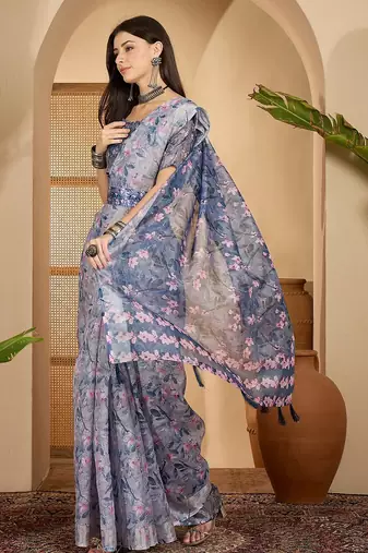 Elegant linen silver zari blue floral digital print saree with belt & tassel detail party wear