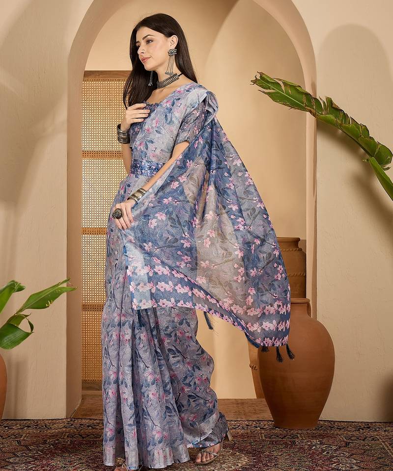Elegant linen silver zari blue floral digital print saree with belt & tassel detail party wear