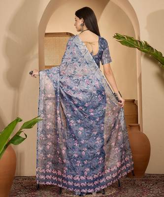 Elegant linen silver zari blue floral digital print saree with belt & tassel detail party wear 5