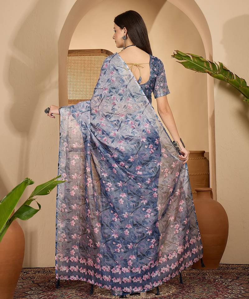 Elegant linen silver zari blue floral digital print saree with belt & tassel detail party wear