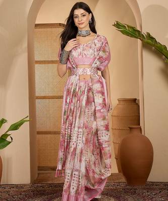 Pastel pink linen silver zari digital print saree with latkan tassel pallu & belt 1