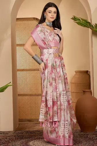 Pastel pink linen silver zari digital print saree with latkan tassel pallu & belt