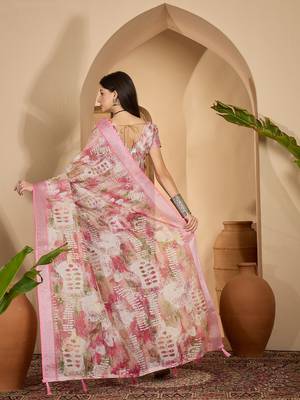 Pastel pink linen silver zari digital print saree with latkan tassel pallu & belt 5
