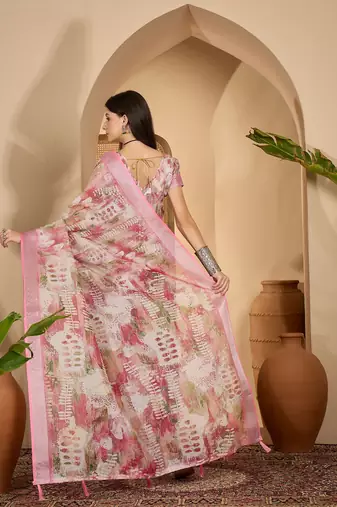 Pastel pink linen silver zari digital print saree with latkan tassel pallu & belt
