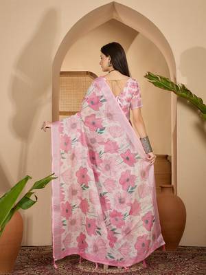 Baby pink linen silver zari saree with belt bold floral digital print & latkan tassel pallu 5