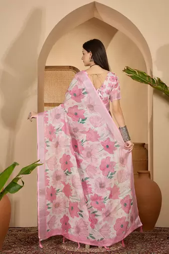 Baby pink linen silver zari saree with belt bold floral digital print & latkan tassel pallu