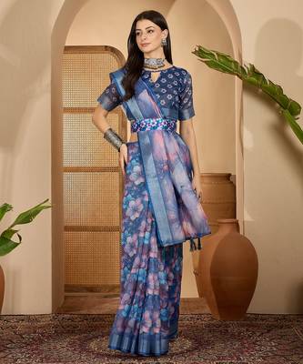 Royal blue linen silver zari saree with belt bloom print & tassel pallu 1