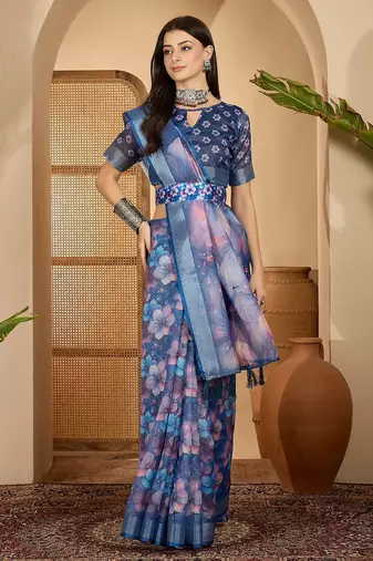 Royal blue linen silver zari saree with belt bloom print & tassel pallu