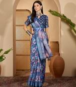 Royal blue linen silver zari saree with belt bloom print & tassel pallu