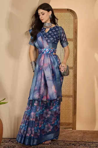 Royal blue linen silver zari saree with belt bloom print & tassel pallu