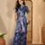 Royal blue linen silver zari saree with belt bloom print & tassel pallu