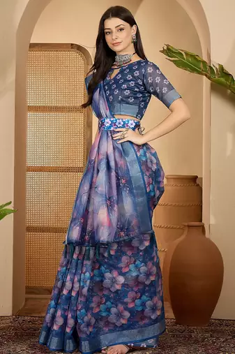 Royal blue linen silver zari saree with belt bloom print & tassel pallu