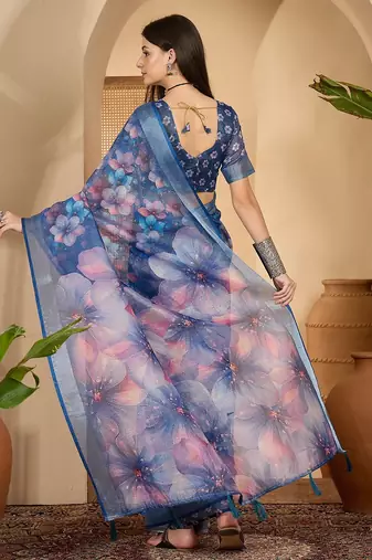 Royal blue linen silver zari saree with belt bloom print & tassel pallu
