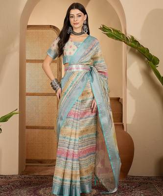 Aqua gold striped linen silver zari saree with digital print & highlighted belt 1