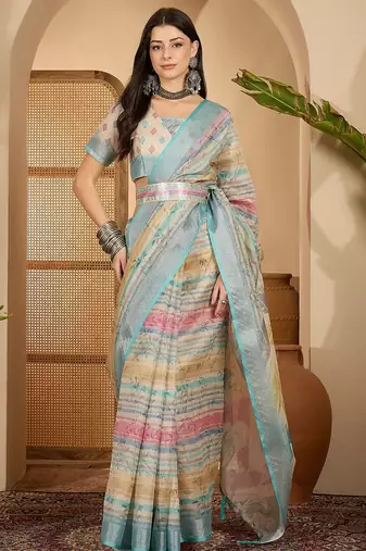 Aqua gold striped linen silver zari saree with digital print & highlighted belt