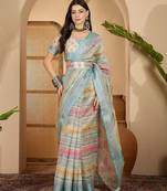 Aqua gold striped linen silver zari saree with digital print & highlighted belt