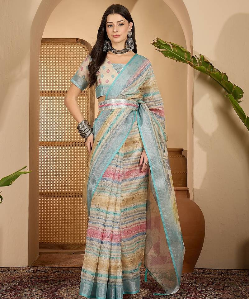 Aqua gold striped linen silver zari saree with digital print & highlighted belt