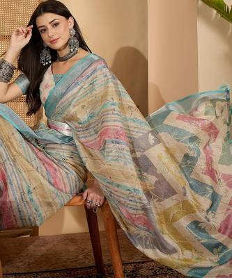 Aqua gold striped linen silver zari saree with digital print & highlighted belt 2
