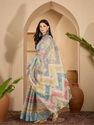 Aqua gold striped linen silver zari saree with digital print & highlighted belt 3