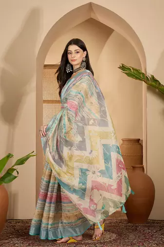 Aqua gold striped linen silver zari saree with digital print & highlighted belt