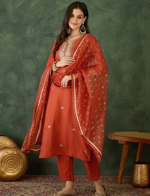 Women's Gorgeous Embroidery Work Silk Fabric Straight Kurta Pant and Dupatta Set 1