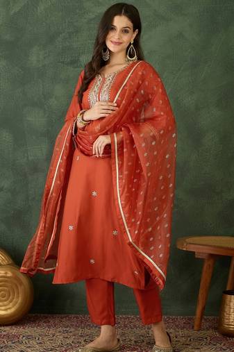 Women's Gorgeous Embroidery Work Silk Fabric Straight Kurta Pant and Dupatta Set