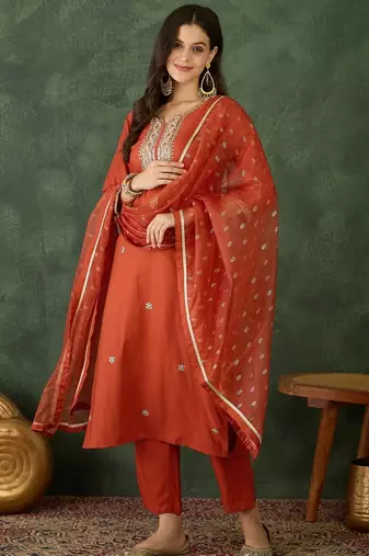 Women's Gorgeous Embroidery Work Silk Fabric Straight Kurta Pant and Dupatta Set