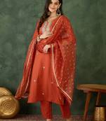 Women's Gorgeous Embroidery Work Silk Fabric Straight Kurta Pant and Dupatta Set