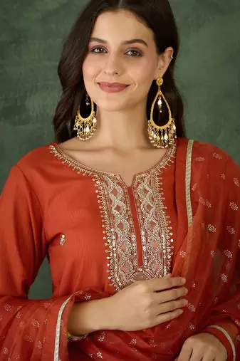 Women's Gorgeous Embroidery Work Silk Fabric Straight Kurta Pant and Dupatta Set