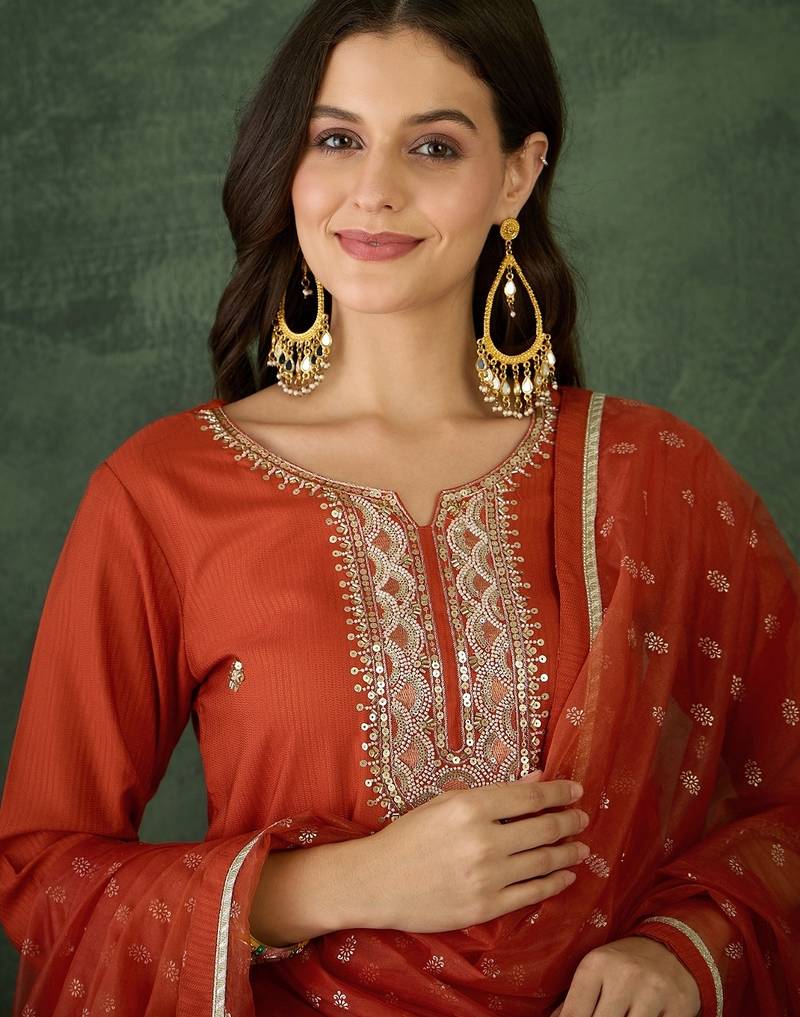Women's Gorgeous Embroidery Work Silk Fabric Straight Kurta Pant and Dupatta Set