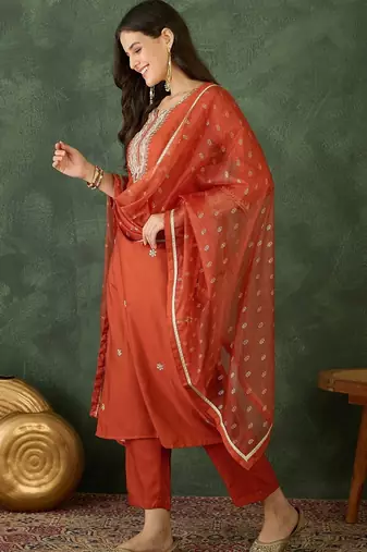 Women's Gorgeous Embroidery Work Silk Fabric Straight Kurta Pant and Dupatta Set