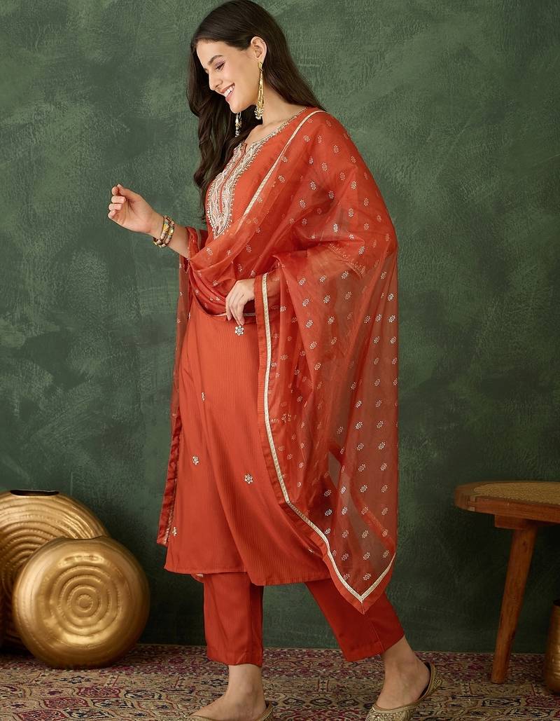 Women's Gorgeous Embroidery Work Silk Fabric Straight Kurta Pant and Dupatta Set